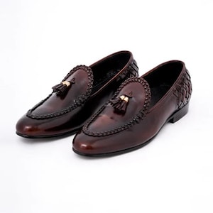 Handmade Brown Leather Tassel Loafers for Men | Braided Trim & Woven Back Slip-On Dress Shoes