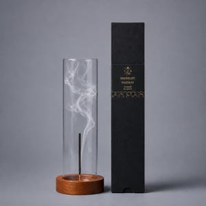 Op de afbeelding: Een cilindervormige glazen wierookbrander met een houten voet, met daarin een brandend wierookstokje met zichtbare witte rook. Daarnaast staat een hoge, rechthoekige zwarte doos met het opschrift Midnight Passion Incense 20 Count.