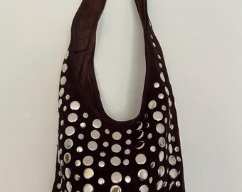 Dark brown suede shoulder bag with studs