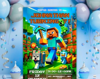 May include: A birthday party invitation with a Minecraft theme. The invitation features pixelated characters, a pickaxe, and the text "YOU'RE INVITED TO JOHNATHAN TURNING 7!" The date and time are also included. The background has balloons and cupcakes.