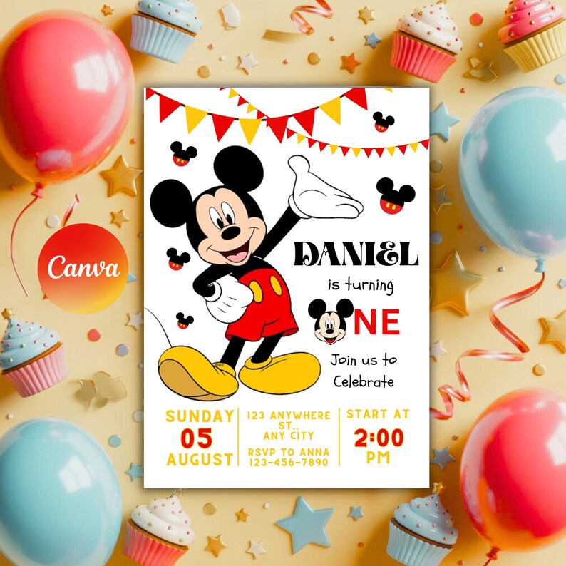 Editable Mickey Mouse Birthday Invitation, Instant Download, 1st Mickey ...