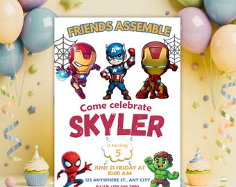 Avengers Geburtstagseinladung | Bearbeitbare Superhelden-Party-Vorlage | Spider Man Hulk Iron Man Kinder Printable Evite | Digitaler Download einladen