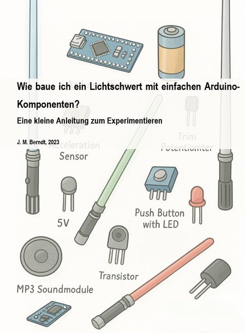 May include: An illustration detailing components for constructing a lightsaber using Arduino parts. Features a circuit board, battery, push button with LED, and a green and red lightsaber. Text reads "Wie baue ich ein Lichtschwert mit einfachen Arduino-Komponenten?" and "Eine kleine Anleitung zum Experimentieren."
