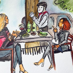 May include: Watercolor illustration of a cafe scene. Two people are seated at a table with a waiter. The table has food and wine. A car is parked in the background. The style is reminiscent of a French cafe.
