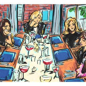 May include: An illustration shows a group of people at a table, possibly in a restaurant. Wine glasses with red wine are on the table. The artwork uses bold colours and brushstrokes, creating a lively scene.