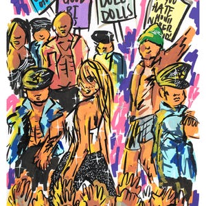 May include: Colorful illustration of a crowd with signs reading "LOVE each other", "GOOD BI", and "DOLLS DOLLS DOLLS". Figures are depicted with bold lines and bright colors, with raised hands in the foreground.