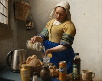3566x4000_300dpi.png. The Milkmaid After Hours – Vermeer Inspired Art Parody, Classical Painting Remix, Funny Wall Art