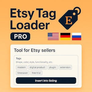 Op de afbeelding: Oranje afbeelding die "Etsy Tag Loader PRO" promoot met een tag-pictogram en de tekst "Tool for Etsy sellers". Bevat de Amerikaanse, Duitse en Russische vlaggen. De interface toont tag-opties en een knop "Insert into listing".