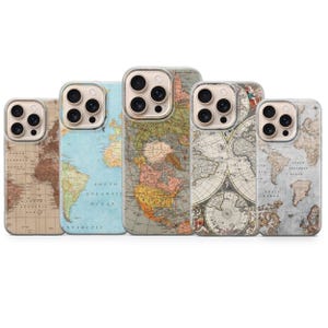May include: Five phone cases with vintage map designs. The cases feature different color schemes, including tan, blue, and green, with detailed illustrations of continents and oceans. Each case has a camera cutout and a clear border.