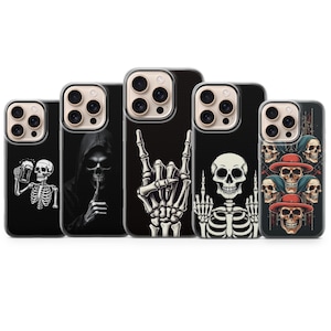 May include: A collection of five black phone cases with unique skeleton designs. The designs include a skeleton holding a beer, a grim reaper, a skeleton hand making a rock on gesture, a skeleton with its hands up, and skeletons wearing hats.