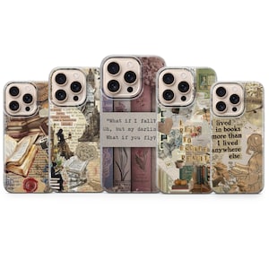 May include: A collection of five phone cases with book-themed designs. Each case features a unique collage of vintage book covers, handwritten text, and floral elements. One case displays the quote, "What if I fall? Oh, but my darlin, What if you fly?"
