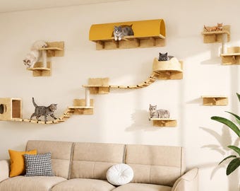 16-in-1 Cat Wall Shelves with Tunnel & Bridge, Wall Mounted Cat Furniture Set, Plush Cat Climbing Wall, Cat Condo and Scratching Posts