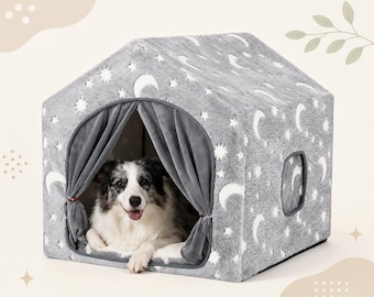 ForeverPawMemories Indoor Dog House, Washable Dog Cave Bed with Frame, Plush Pet Tent for Medium & Large Dogs, Grey Kennel