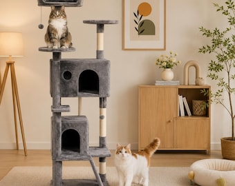 ForeverPawMemories 62" Katzenkratzbaum, mehrstöckiges Katzenhaus mit Sisal-Kratzstämmen, Liegeflächen und Spielhaus für Wohnungskatzen