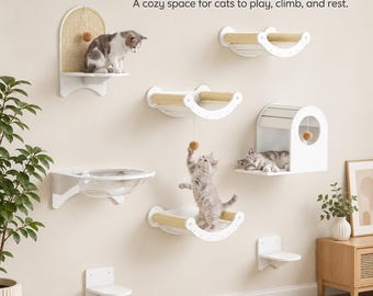 ForeverPawMemories Katzen-Wandregal-Set, Katzenmöbel aus Massivholz mit Hängematte, Katzenhöhle, Liegeflächen und Kratzbäumen
