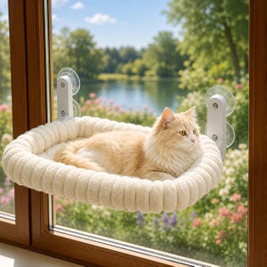 Puede incluir: Una cama para gatos de color crema, de felpa, con forma ovalada y textura acanalada, montada en una ventana mediante dos soportes verticales blancos con ventosas transparentes. Un gato de pelo largo naranja claro descansa dentro.