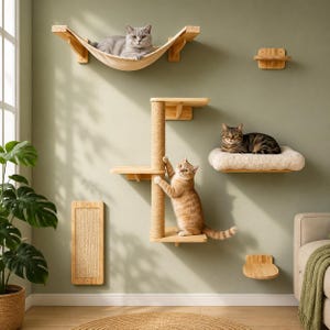 6-in-1 Cat Wall Shelves Set: Hammock, Bed, Scratching Post, Platforms – Modern Furniture