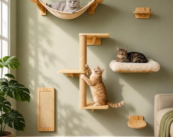 6-in-1 Cat Wall Shelves Set: Hammock, Bed, Scratching Post, Platforms – Modern Furniture