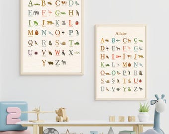 Turkish & English Alphabet Poster Bundle | Montessori Animal ABC Prints | Watercolor Nursery Wall Art | Bilingual Learning Decor