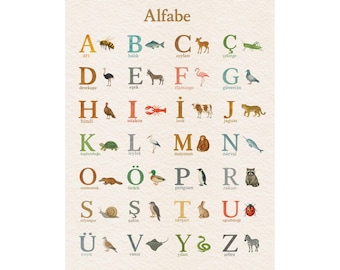 Turkish Alphabet Animal Print: Montessori Watercolor Nursery Art (12x16)