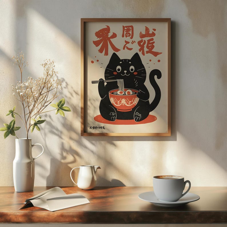 Black Cat Eating Ramen Poster, Japanese Vintage Wall Art, Funny Noodle ...