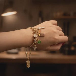 Puede incluir: Pulsera de abalorios dorada con varios dijes, incluyendo una espada, una moneda y un colgante de escudo. Los dijes son de varios colores, incluyendo naranja, verde y rojo. La pulsera se lleva en la muñeca.