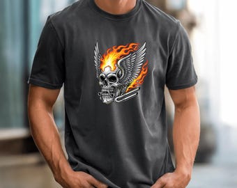 Flaming Skull Biker T-Shirt, Motorcycle Fan Tee, Heavy Metal Gift - Oversized T-Shirt, Comfort Colors®