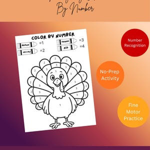 Dibujo de Acción de Gracias para colorear por números / Dibujo de pavo para colorear por código / Actividad para preescolar y jardín de infancia
