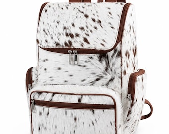 Handmade Cowhide Backpack | White Brown Leather Rucksack |  Western Travel Bag | Western Diaper Bag