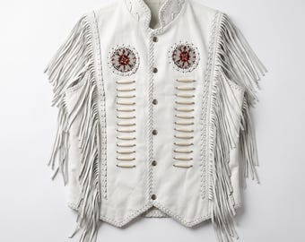Débardeur blanc western en cuir à franges fait main pour homme | Gilet de cow-boy en perles pour tenue de festival de rodéo