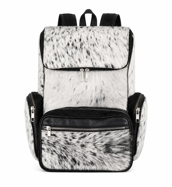 Grey & Black Cowhide Backpack | Premium Leather Rucksack |Fur Backpack  |Western Travel Style