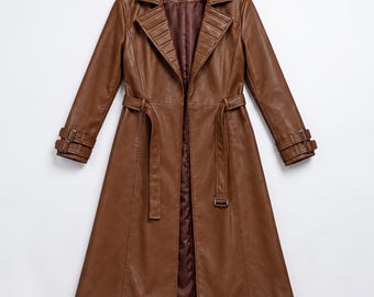 Trench-coat long en cuir marron fait main – manteau long vintage ceinturé inspiré d'Halloween