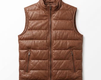 Gilet matelassé matelassé en cuir marron pour homme |  Veste d'extérieur décontractée zippée sans manches pour l'hiver