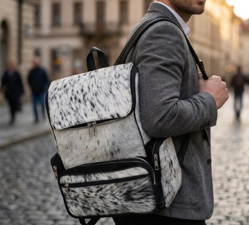 white and black cowhide leather backpack