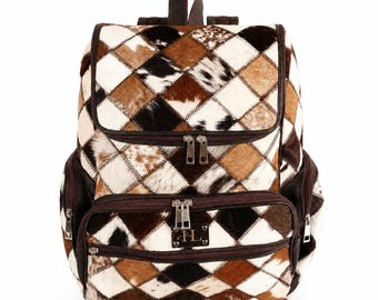 Luxury Cowhide Backpack | Handmade Genuine Leather Bag | Hairon Hide Travel Rucksack | Stylish Women’s Designer Backpack | PatchworkBackpack