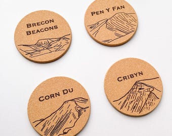 Brecon Beacons Cork Coasters Gift Set Welsh Mountains Hiking