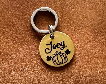 Custom Personalised Engraved Solid Brass Dog Tag / Pet ID Collar Halloween Autumn Pumpkin
