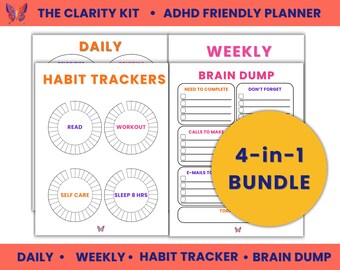 ADHD プランナーバンドル: デイリー、ウィークリー、習慣トラッカー、ブレインダンプ (Canva 編集可能デジタルダウンロード)