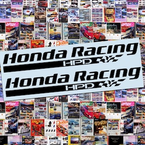 May include: Two black and white Honda Racing decals with the text "Honda Racing HPD" and a checkered flag design. The decals are on a light blue background, set against a collage of car magazines.