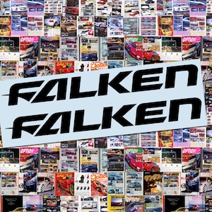 May include: A light blue sticker with the word "FALKEN" in bold, black letters, repeated twice. The background is a collage of colorful car magazines.