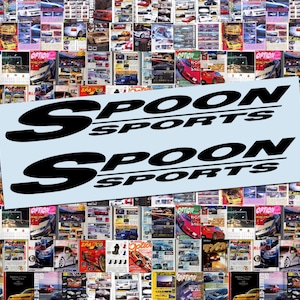 May include: A light blue sticker with the words "SPOON SPORTS" in black, repeated twice. The sticker is set against a backdrop of various car magazines. The magazines feature images of cars and the word "OPTION".