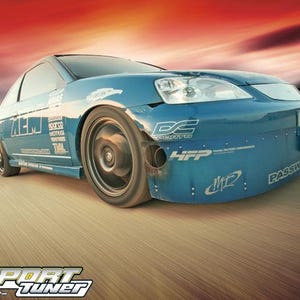 May include: A blue sports car with racing decals and a blurred background. The car has black wheels and is moving fast. The image has the text "IMPORT TUNER" at the bottom.