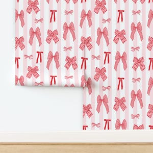 Hair Bows Wallpaper for Girls Room Wall Covering Nursery Decor on Pink an White Stripes, Peel and Stick, Pre-Pasted, Renter Friendly