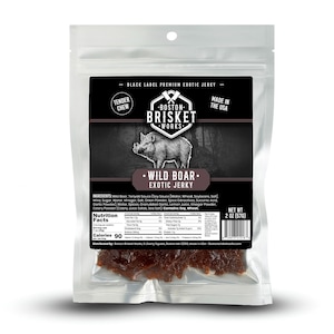 May include: A clear plastic package of Boston Brisket Works Wild Boar Exotic Jerky. The black label features a wild boar illustration and text that reads "Tender Chew" and "Made in the USA". The net weight is 2 oz (57g).
