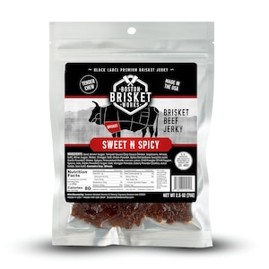 May include: A clear plastic bag of Boston Brisket Works Sweet N Spicy beef jerky. The label features a black and red design with the text "Brisket Beef Jerky" and "Made in the USA". The bag contains 2.5 oz (71g) of jerky.