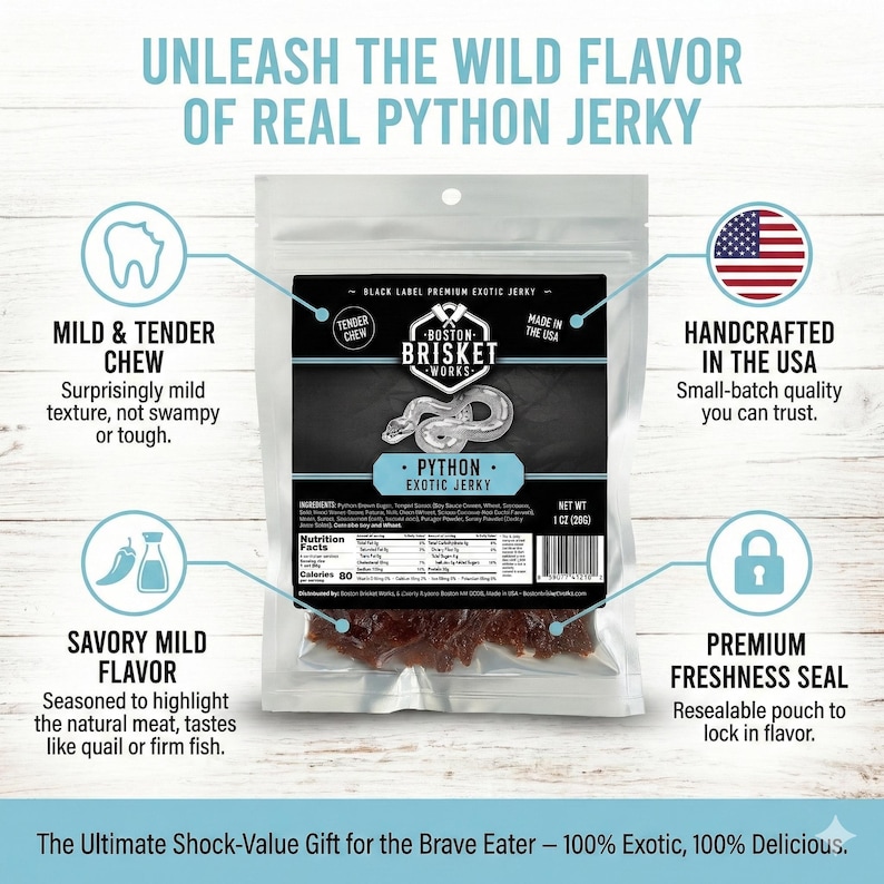 JERKY DE PYTHON - Viande de python 100 % | collation de gibier sauvage exotique | Cadeau unique pour homme, petit ami, mari | Idée cadeau pour bâillonner la fantaisie et mec cool image 2