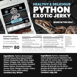 Peut inclure: Sachet de jerky exotique au python, une collation saine et d&eacute;licieuse fabriqu&eacute;e aux &Eacute;tats-Unis. L'emballage pr&eacute;sente une illustration de serpent et des informations nutritionnelles, dont 80 calories par portion.