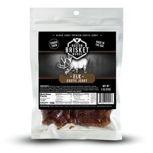 May include: A clear plastic package of Elk Exotic Jerky. The black label features a drawing of an elk and the text "Boston Brisket Works." The package contains 2 oz (57g) of jerky and is labeled "Tender Chew."