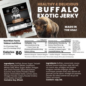 K&ouml;nnte beinhalten: Verpackung mit Buffalo Exotic Jerky, B&uuml;ffel-Illustration und N&auml;hrwertangaben. Das in den USA hergestellte Jerky hat 80 Kalorien pro Portion. Zutaten: B&uuml;ffel, brauner Zucker und Teriyaki-Sauce.