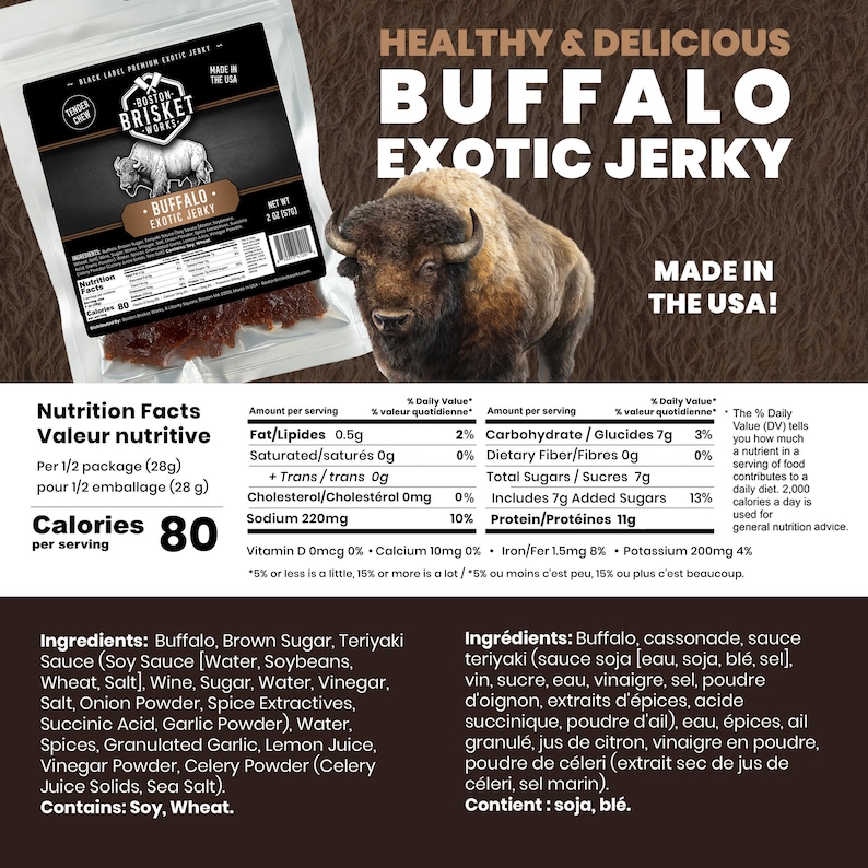 K&ouml;nnte beinhalten: Verpackung mit Buffalo Exotic Jerky, B&uuml;ffel-Illustration und N&auml;hrwertangaben. Das in den USA hergestellte Jerky hat 80 Kalorien pro Portion. Zutaten: B&uuml;ffel, brauner Zucker und Teriyaki-Sauce.